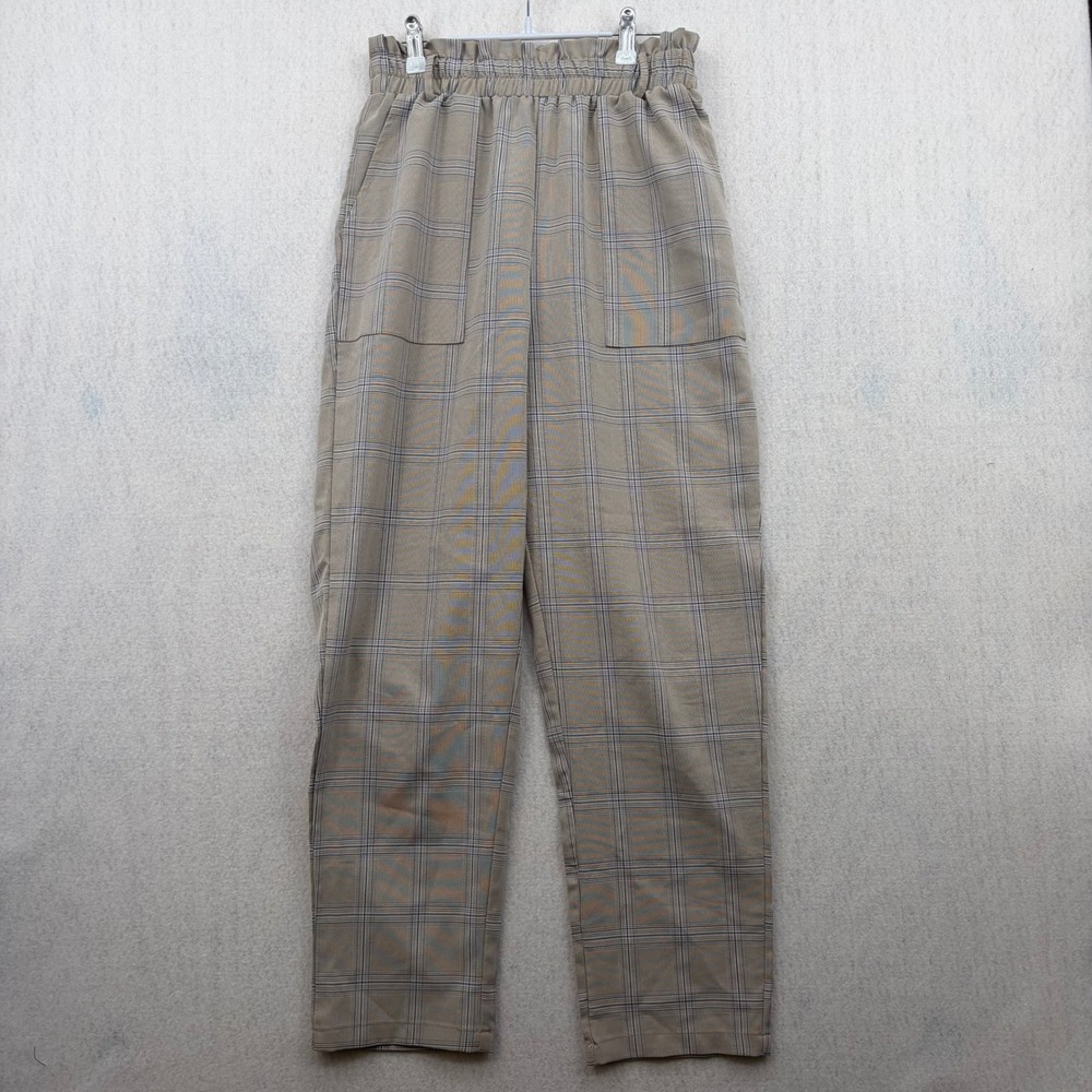 Shein Tan Glen Plaid Paperbag Waist Tapered Leg Pants Small Womens